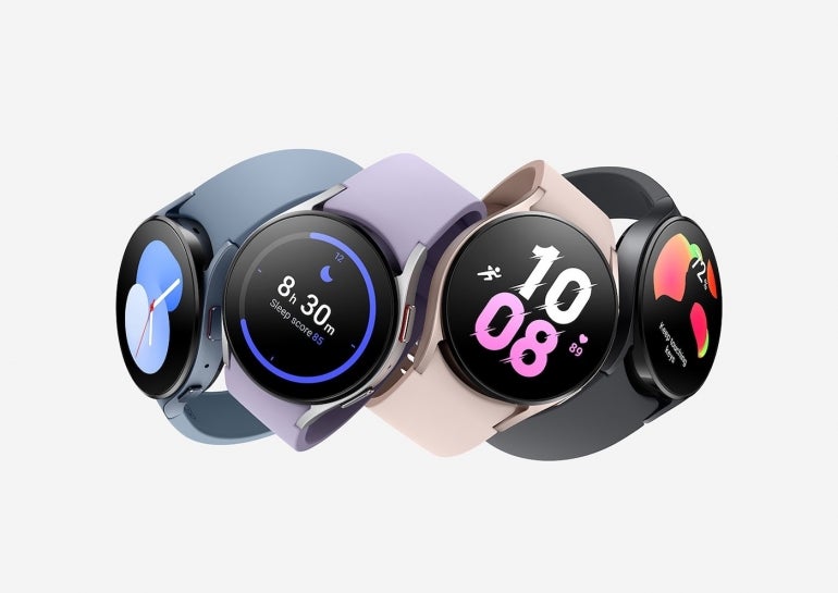 A set of Galaxy Watches in different colors and with different display faces.
