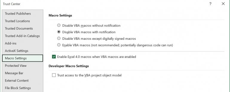 Use this setting to allow VBA procedures to run.
