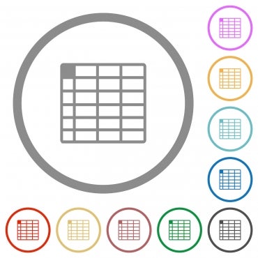 Spreadsheet table flat color icons in round outlines on white background.