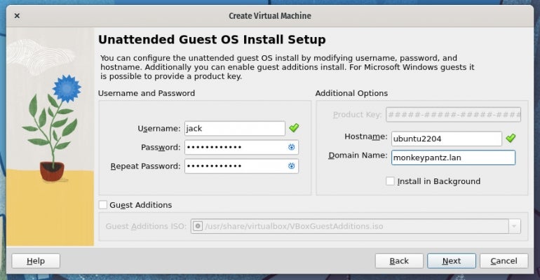 The Unattended Guest OS Install Setup screen of the VirtualBox wizard.