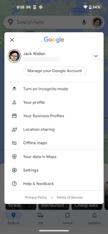 The Location Sharing option in the Google Maps app menu.
