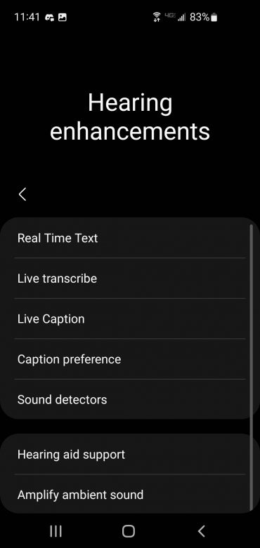Samsung Galaxy S 21 hearing improvement settings.