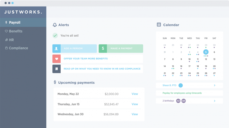 The Justworks dashboard displays your upcoming payment schedule and important dates.