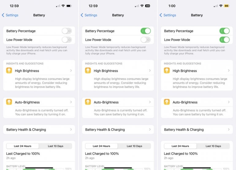 Turn on "Battery Percentage" and "Low Power Mode" in the iPhone Settings.
