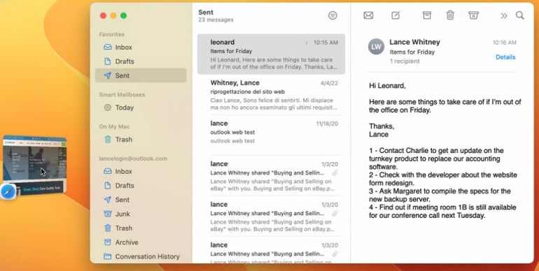 Mail app takes the center stage on the Mac screen, while the Safari app appears as a smaller thumbnail on the left side.