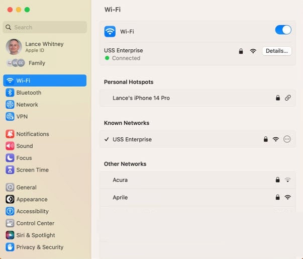 Connectivity settings under the Wi-Fi section of the System Preferences.