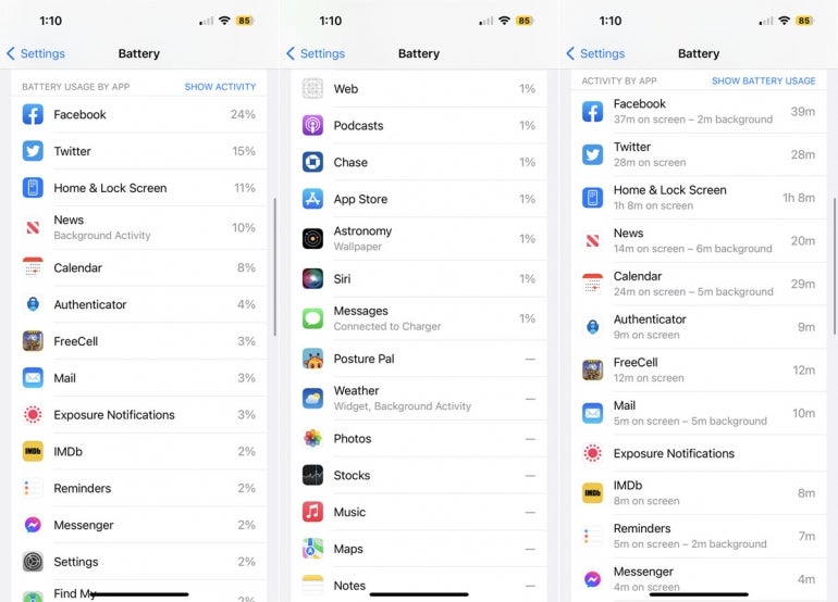 Go to the list of Apps in the iPhone battery settings to check each of their battery usage.