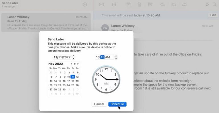 Modify the date and time by clicking the Edit button above the email to display the Send Later window.