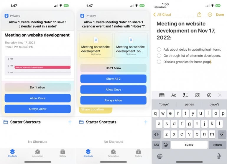 Steps when using the "Create Meeting Note" option on the Shortcuts app.