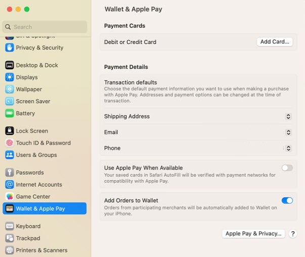 Wallet & Apple Pay settings section in the System Settings.