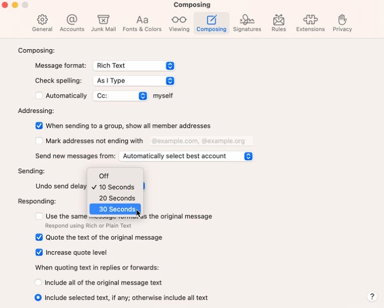 In the Sending section of the Mail Settings, click the dropdown menu for Undo send delay and you can extend the delay time to 20 or 30 seconds.