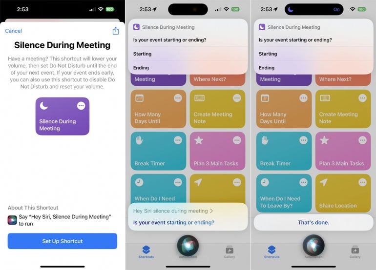 Steps when using the "Silence During Meeting" option on the Shortcuts app.