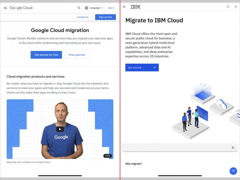 Side-by-side of Google Cloud and IBM Cloud migration sites.