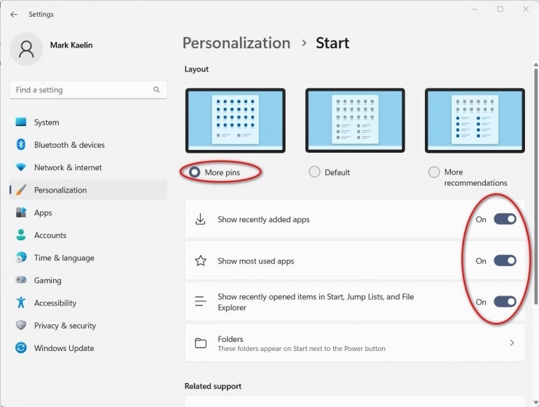 A list of the three "Personalization" features in the Windows 11 settings that provide more variety to your Start Menu.