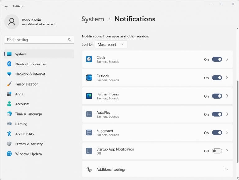 Navigate back to the System | Notifications section of the Settings menu and scroll down to reveal the details section for commonly used applications.