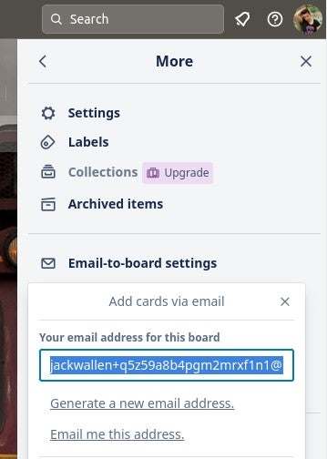 The resulting pop-up will show the email address associated with the board.