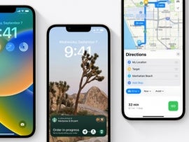 Three iPhones running iOS16 Maps update.