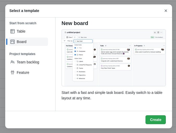 Select a template pop-up menu in GitHub Issues, with New board option selected