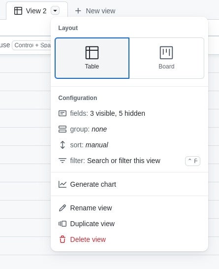 Table view selected in the Layout pop-up in GitHub Issues