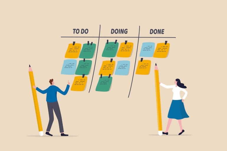 Review work progress on kanban board, todo list, in progress task and finished one, project management or planning for production concept, business people review project progress on kanban board.