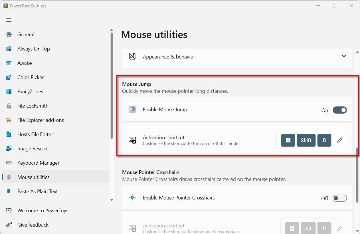 The Mouse Jump feature listed under the Mouse Utilities in PowerToys