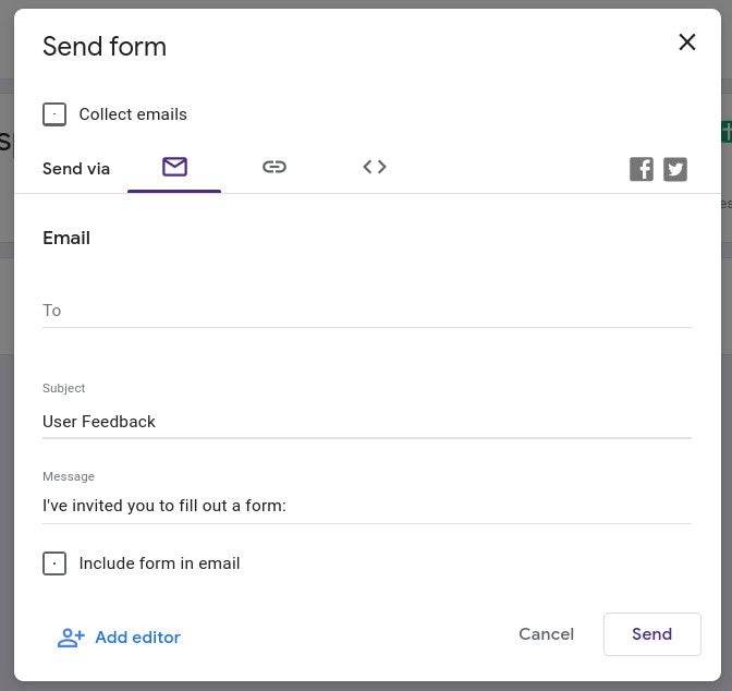 The Google Form Send pop-up window.