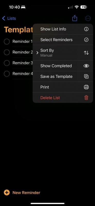 Create a template from a new list in Reminders.