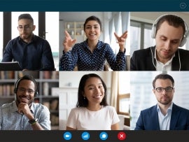 A business team on a video call.