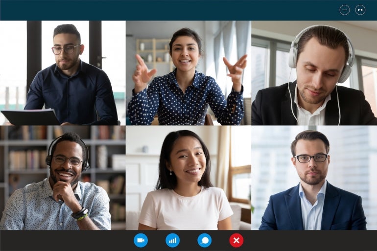 A business team on a video call.
