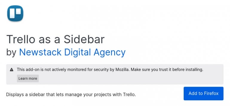 Installing the Trello as a Sidebar extension in Firefox.