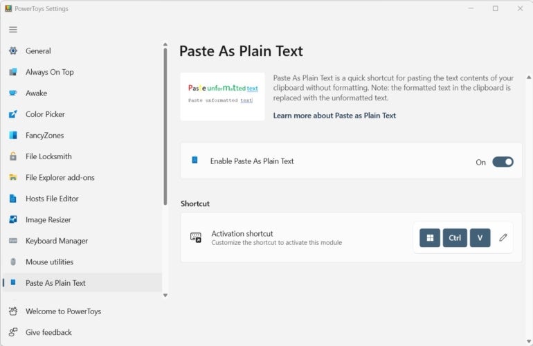 The Paste As Plain Text option toggled on in PowerToys