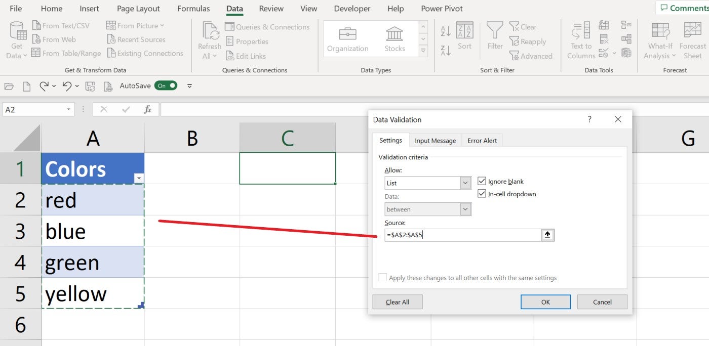 Excel Data Validation menu open in cell C1 with the values red, blue, green, and yellow from column A selected as the source,