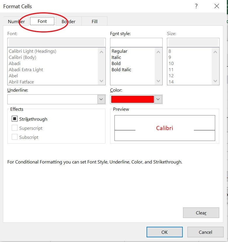 Excel Format Cells menu with the Font tab selected and circled and the color red chosen for the font Color