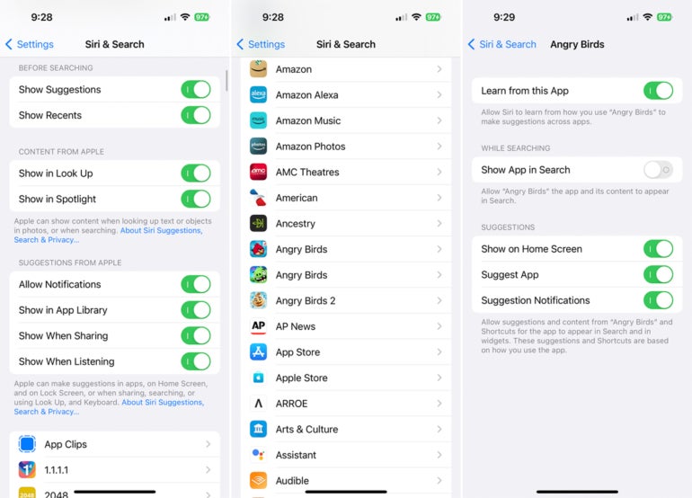 Siri & Search settings and the list of apps under Spotlight tool on an iPhone.