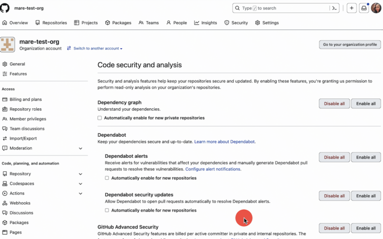 Screenshot of security analysis and alert triggering feature on GitHub.