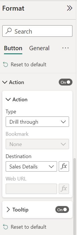 The Action options in Power BI's Format Button menu.