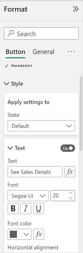The Style and Text options in Power BI's Button Format menu.