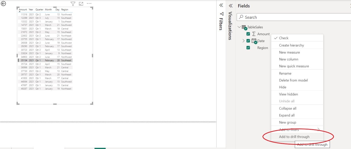 The Add to drill through option selected for Amount in the Power BI Fields menu