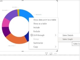 Power BI Sales Graph option selected from the Drill through option on the data visual menu