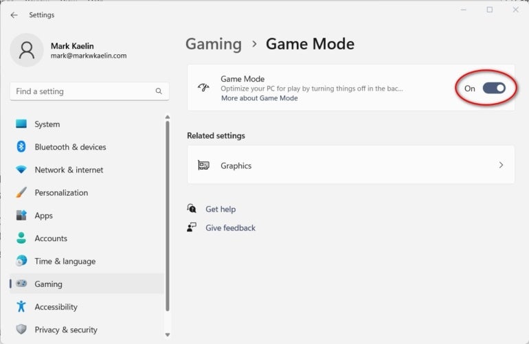 Open Game Mode op het scherm Game Settings en schuif de schakelaar naar On.