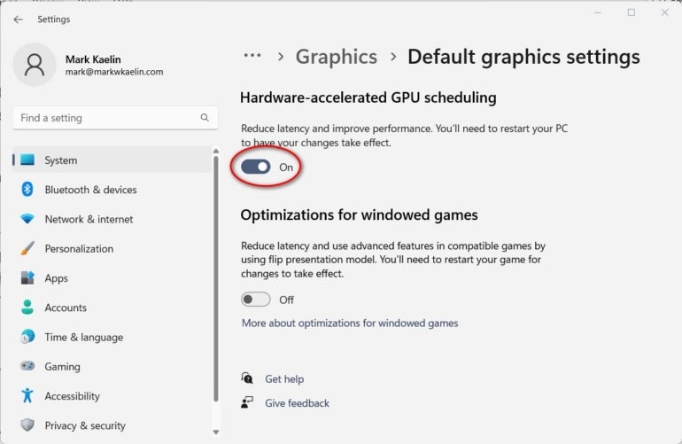 Click the Change The Default Graphics Settings option and turn on hardware-accelerated GPU scheduling.