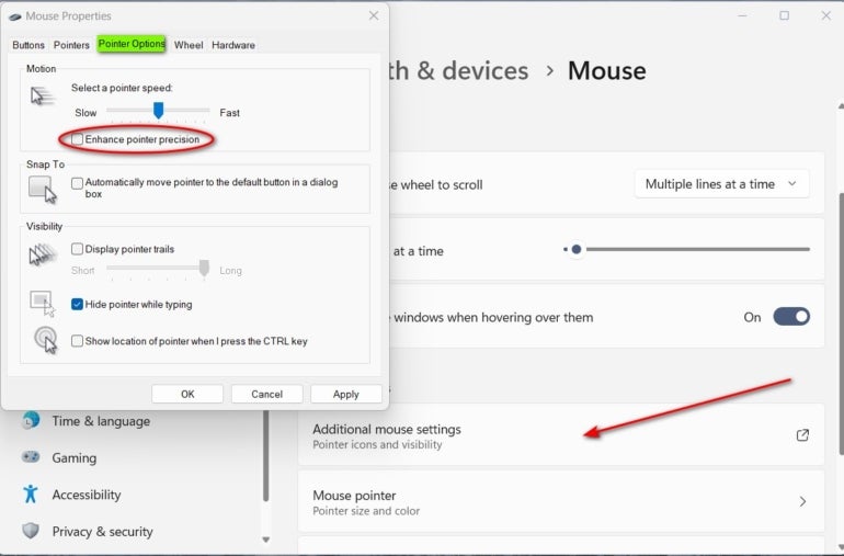 Search "mouse properties" in the desktop search and then select Additional Mouse Settings from the Related Settings section.