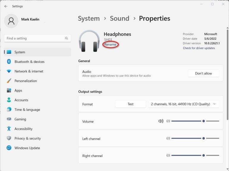 Rename option under the sound device settings in Windows 11.