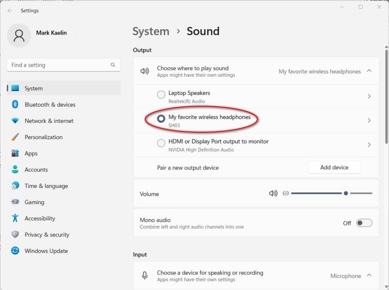 The renamed audio device under the Sound settings in Windows 11.