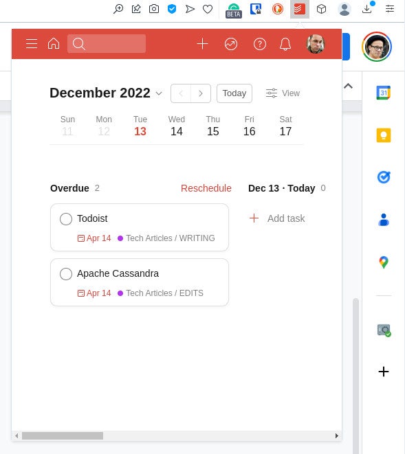 The Todoist Board view as seen in the Opera extension.