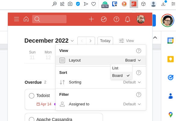 Switching the default Todoist view in the Opera extension.