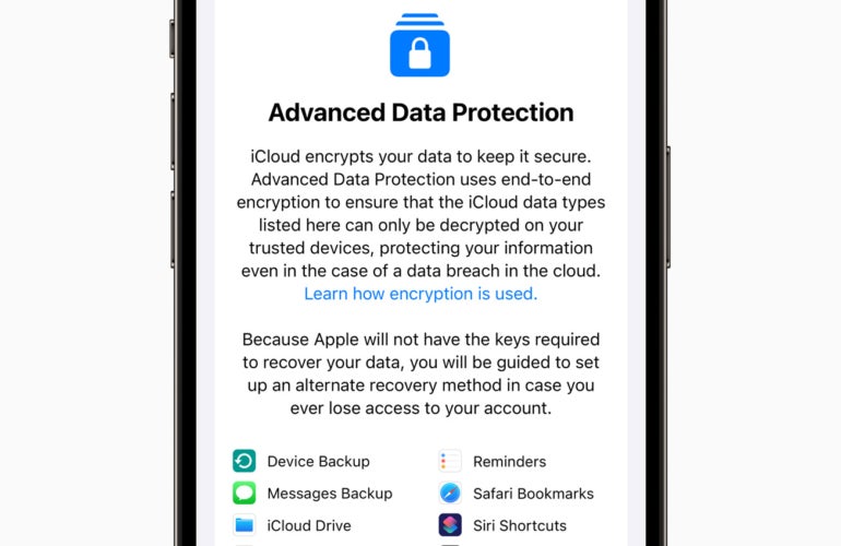 Advanced Data Protection for iCloud uses end-to-end encryption to provide extended cloud data security.