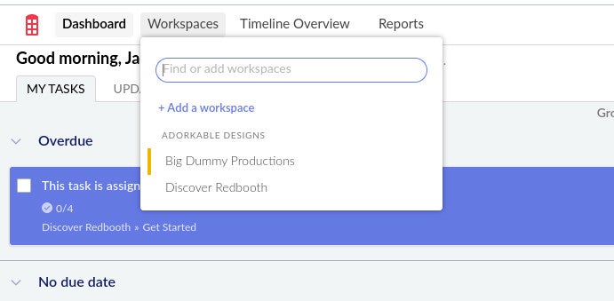 The Redbooth Workspaces drop-down is where you access your Workspaces and create new ones.