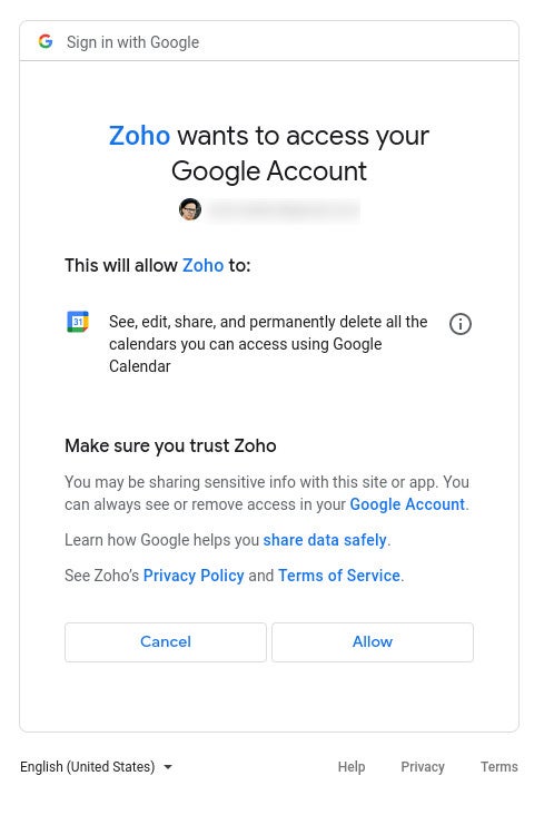 Allowing Zoho Projects access to your Google Calendar.