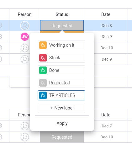 Naming and assigning a color for your new status label.